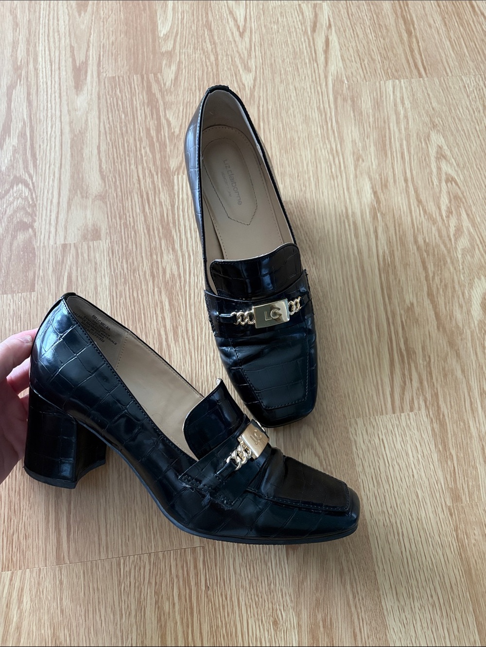 Liz Claiborne Black Croc-Embossed Block Heel Loafers with Gold Accent